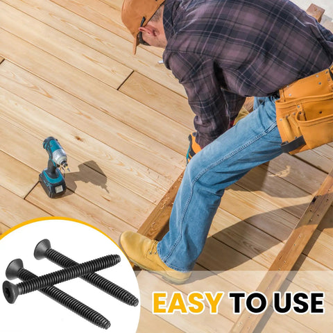 Worker installing floorboards with 200 Pcs 1/4-20 x 2-1/2 self-tapping trailer deck screws flat head with star drive T-30.