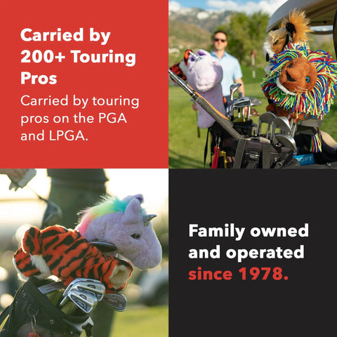 Golf bag with assorted funny golf club headcovers including a Pirate Driver Headcover for Golf Clubs with Fully Lined Elastic Fit.