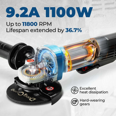 4-1/2-Inch Corded Angle Grinder 1100W 11800RPM Pure Copper Motor showing internal components and gears for durability and efficiency.