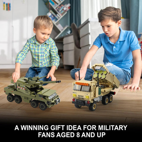 Children playing with Military Vehicle Building Kit Dual M142 HIMARS And Dana M2 Howitzer Army Truck Models on wooden floor.