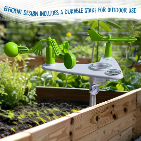 Hands On Weather And Climate Lab 5 In 1 Meteorology Station Kit with wind vane, anemometer, and rain gauge installed in garden