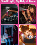 Collage of Pink Mini LED Flashlight With 3 Modes High Low Strobe Includes 3 AAA Batteries Water Resistant Pocket Size Flashlight in use
