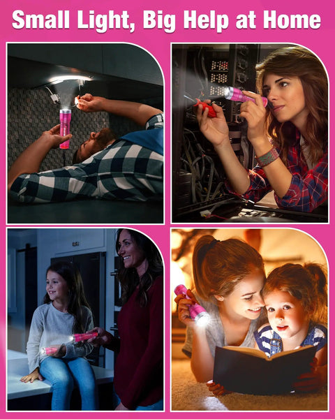 Collage of Pink Mini LED Flashlight With 3 Modes High Low Strobe Includes 3 AAA Batteries Water Resistant Pocket Size Flashlight in use