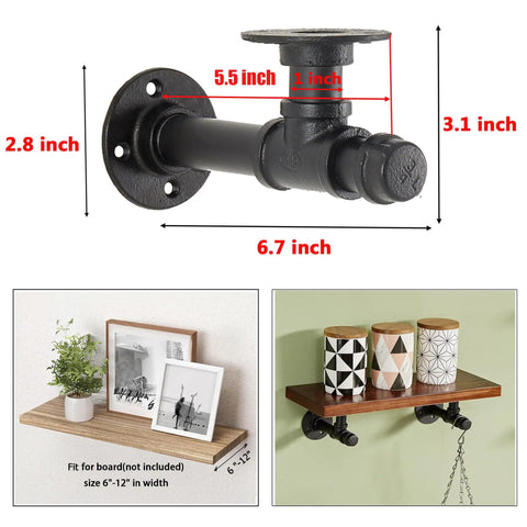 Industrial Pipe Shelf Brackets 6.7 Inch 10 Pack, dimensions marked, L Shaped iron brackets shown with mounted wooden shelving