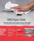 Hand using a DRC paper cloth for cleaning, highlighting wet and dry strength compared to ordinary paper towels.