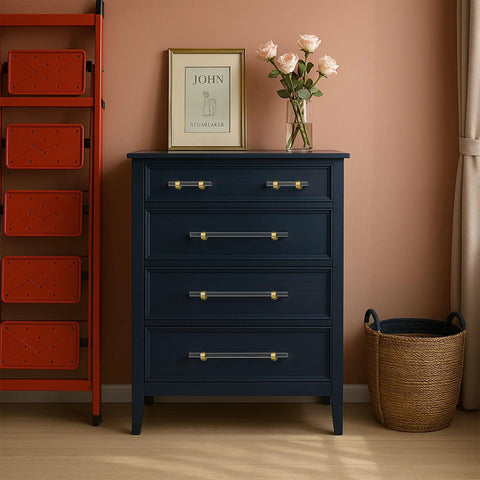 5 Pack Acrylic Cabinet Pulls With Brass Base Crystal Clear Glass Handles In Gold Finish on blue dresser in modern room