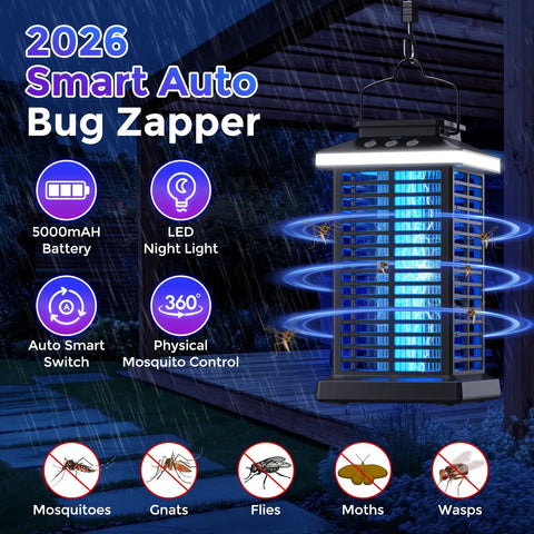 3 In 1 Outdoor Bug Zapper With 5000mAh Battery, LED Night Light, And 4000V Electric Fly Zapper hanging on patio
