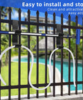 Heavy Duty Black Pool Fence Hooks Set Of 2 Slip On Hangers For Pool Poles And Equipment Fits Three Quarter Inch To One And Quarter Inch Railings Go To Must Have For Skimmers Hoses And Accessories holding pool equipment on black fence by poolside
