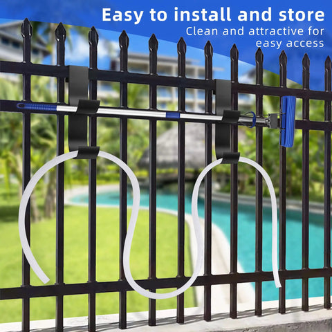 Heavy Duty Black Pool Fence Hooks Set Of 2 Slip On Hangers For Pool Poles And Equipment Fits Three Quarter Inch To One And Quarter Inch Railings Go To Must Have For Skimmers Hoses And Accessories holding pool equipment on black fence by poolside