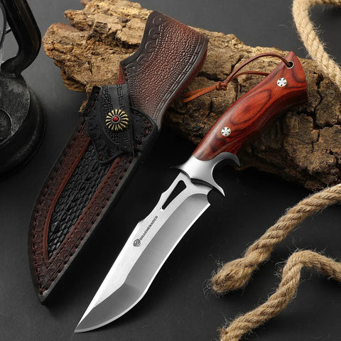 M390 Fixed Blade Hunting Knife With Leather Sheath displayed on a textured background with non-slip red wooden handle and 5.12-inch blade.