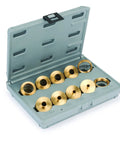 Pro Grade Solid Brass Router Bushing Set 10Piece Knockout Collection showing ten brass bushings in a heavy duty storage case.