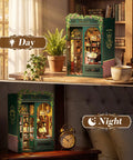 Day and night view of Owl Bookstore Book Nook Kit For Beginners And Teens, DIY Miniature House For Dollhouse Lovers on a shelf.