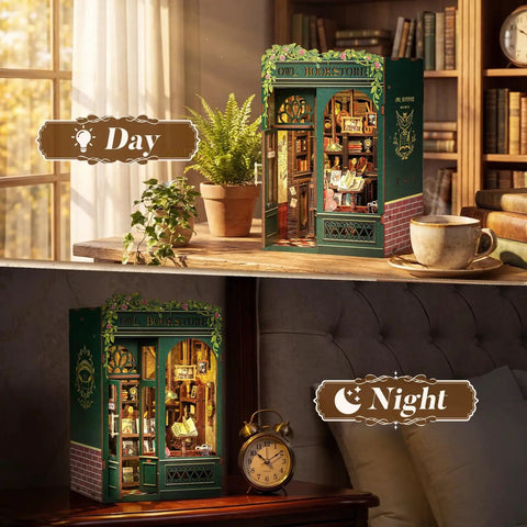 Day and night view of Owl Bookstore Book Nook Kit For Beginners And Teens, DIY Miniature House For Dollhouse Lovers on a shelf.