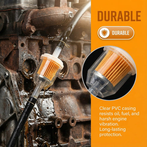 Heavy Duty Inline Fuel Filter For One Quarter Inch And Five Sixteenth Inch Fuel Lines Fits Riding Mowers And Lawn Tractors Keeping Carburetors Clean Compatible With John Deere And Kohler Models Like X300 Z335E LA115 D130 AM116304 Replacement. Image showing clear PVC casing and filtration element.