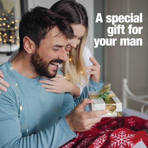 Couple exchanging a gift, highlighted text says 'A special gift for your man'