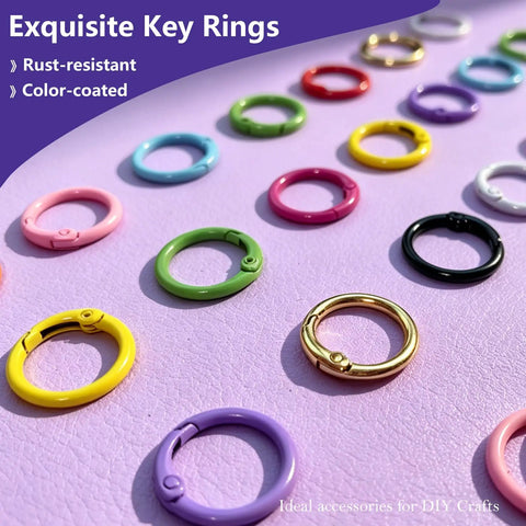 72 Pcs Vibrant Key Rings Bulk Set Multi Color Bag Charms Keychain Kit Sturdy Zinc Alloy DIY Supplies For Bags Durable 12 Shades Gold Silver Purple Pink Red Orange Yellow White Green Black Awesome For Creative Styling Organization Storage. Colorful round zinc alloy key rings on purple background