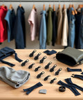 12 Piece Zipper Repair Kit With Replacement Sliders And Pulls For Jackets, Clothes And Backpacks on table with clothing backdrop