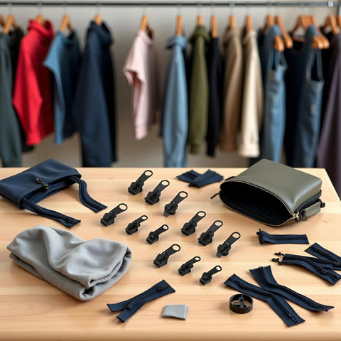 12 Piece Zipper Repair Kit With Replacement Sliders And Pulls For Jackets, Clothes And Backpacks on table with clothing backdrop