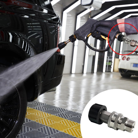 Installed LIULO TOOL pressure washer quick-connect kit, stainless steel, M22 male to 3/8 in. quick connect, 4-pack