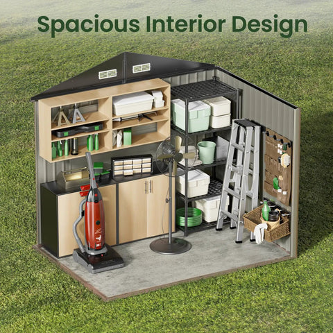 8x6 Ft Full Size Outdoor Metal Storage Shed With Floor For Backyard Tools Bikes And Gear All Weather Shelter interior view