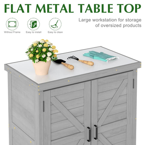 Outdoor Storage Cabinet And Potting Bench With Metal Top For Garden Workstation, Cedar Wood Patio Furniture in Classic Grey