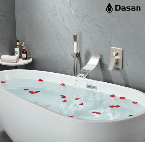 Wall Mounted Tub Filler Faucet With Hand Shower in Brushed Nickel, waterfall bathtub faucet, modern bathroom spa tap in use