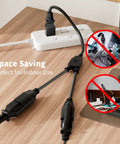 3 Prong Y Splitter Extension Cord One Foot Straight Plug To Two Outlet Space Saver For Indoor Outdoor Use Heavy Duty Weatherproof SJTW 16 AWG 13 A UL Listed Cable Extender shown on desk with power strip