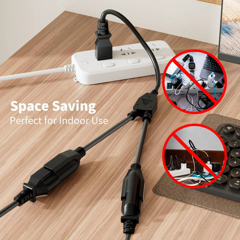 3 Prong Y Splitter Extension Cord One Foot Straight Plug To Two Outlet Space Saver For Indoor Outdoor Use Heavy Duty Weatherproof SJTW 16 AWG 13 A UL Listed Cable Extender shown on desk with power strip
