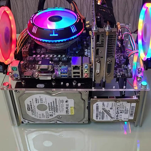 Open Frame PC Case For ATX, MATX And ITX Motherboards, Transparent Acrylic Chassis With Open Design For Easy Cooling And DIY Desktop Rig showcasing installed components