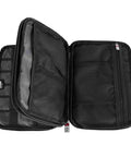 Open view of Double Layer Electronic Accessories Organizer Bag For Cables USB Drives And Gadgets, black with padded compartments