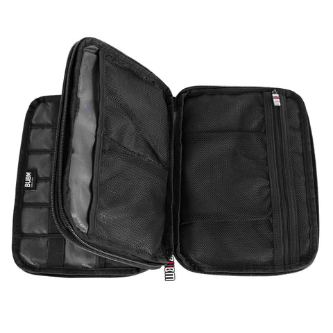 Open view of Double Layer Electronic Accessories Organizer Bag For Cables USB Drives And Gadgets, black with padded compartments