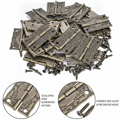 1.5 Inch Decorative Bronze Zinc Alloy Hinges For Small Jewelry Boxes And Craft Chests With Scalloped Edge Design, 20 Pack