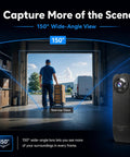 Compact Wearable Body Cam With Straight Up 1080p Hd Clips And Reliable Infrared Night Vision For Security Teams Or Road Warriors Featuring Extended Battery Life And Smooth Loop Recording No Stress At All shows a 150° wide-angle lens view for capturing scenes.