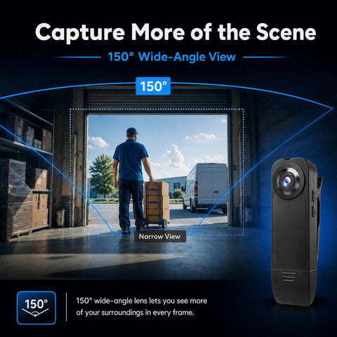 Compact Wearable Body Cam With Straight Up 1080p Hd Clips And Reliable Infrared Night Vision For Security Teams Or Road Warriors Featuring Extended Battery Life And Smooth Loop Recording No Stress At All shows a 150° wide-angle lens view for capturing scenes.
