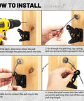 Installation steps for Top Shelf Spring Loaded Gate Latch Cable Pull Kit on wooden gate, using drill and cable lock.