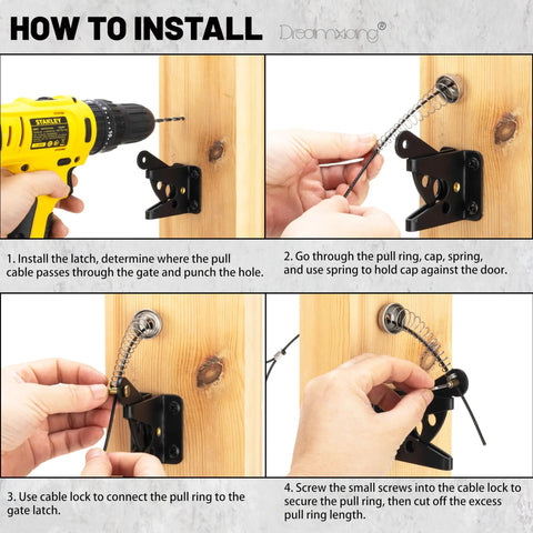 Installation steps for Top Shelf Spring Loaded Gate Latch Cable Pull Kit on wooden gate, using drill and cable lock.