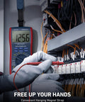 Engineer using Digital Multimeter And Analyzer With TRMS 6000 Counts Auto Ranging Pro Grade in electrical panel.