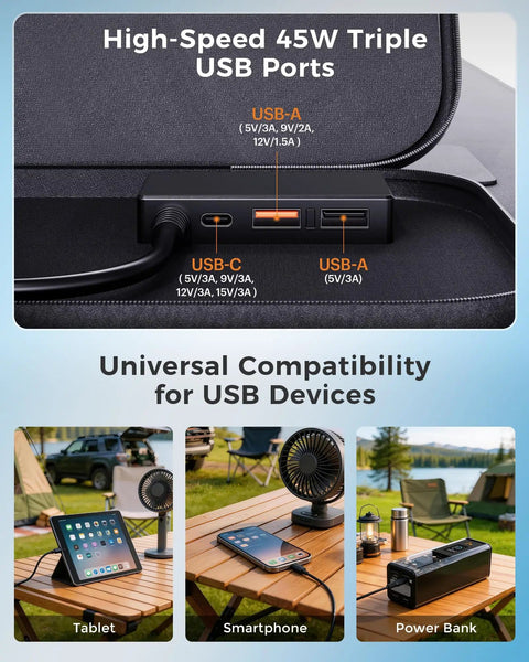 High-speed 45W triple USB ports on 100W Foldable Portable Solar Panel with five-in-one cable for off grid camping power.