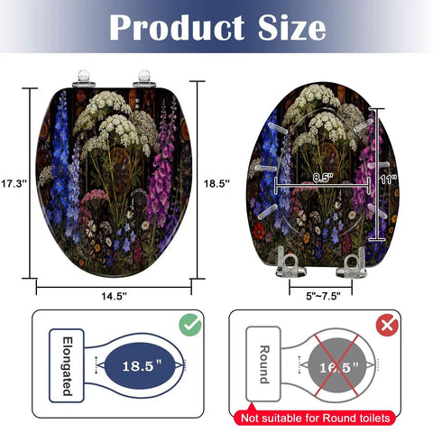 Elongated Botanical Stained Glass Garden Wildflowers Ornate Toilet Seat dimensions, showing 17.3x14.5 inches size with measurements.