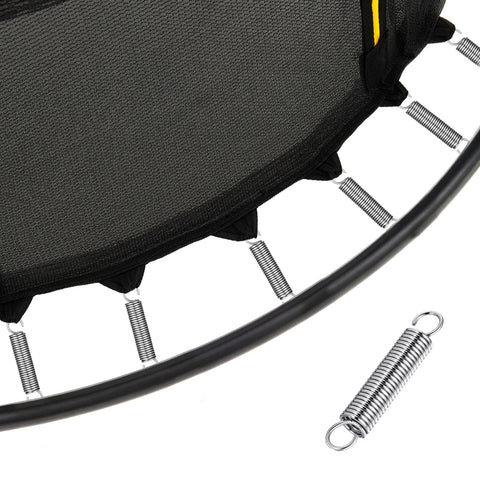 Trampoline with durable stainless steel extension springs with dual hook ends, 2 inch length, 0.35 inch outer diameter, reliable tension springs kit.