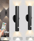 Battery Powered Wall Sconce Dual Pack With Motion Sensor, Remote Control, Black Finish, shown illuminating wall surface