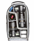StreetWalker Pro V2 Camera Backpack TT476 open showing organized camera gear with padded dividers, lenses, and accessories.