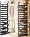 Smooth Glide Vertical Pull Out Shoe Rack For Closet And Cabinet, Sliding Under Stair Kick Locker, Tight Fit Hero For Daily Sneakers, Height Adjustable 15 Tier Telescopic System, Zero Fuss Setup with shoes organized in closet.