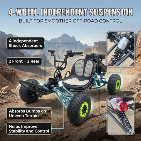 Gas Powered Off Road Go Kart For Adults And Teens Fourteen Plus with 212cc Engine and Independent Suspension on Rocky Terrain