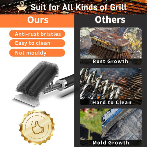 Heavy Duty Grill Brush And Scraper With 18 Inch Adjustable Handle For Outdoor Gas And Charcoal Grills Bottle Opener Included No Mess Cleanup Extra Strong Grill Cleaner For Grates And Racks with anti-rust bristles comparison