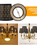 Crystal Chandelier Shades Set of 6 Clip On Mini Lamp Shades with black fabric and flame retardant PVC liner in use on chandelier
