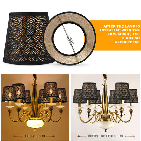 Crystal Chandelier Shades Set of 6 Clip On Mini Lamp Shades with black fabric and flame retardant PVC liner in use on chandelier