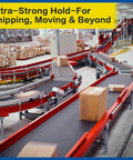 Conveyor system in a warehouse with boxes moving, illustrating Two Pack Heavy Duty Packing Tape With Dispensers 1.88 Inch Wide By 65 Yards Each 130 Yards Total Clear Packing Tape For Moving Boxes Shipping And Mailing With Strong Water Based Adhesive in use.