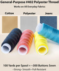 Four spools of general-purpose polyester thread in black, pink, yellow, and blue, suitable for cotton, polyester, and jeans fabrics.