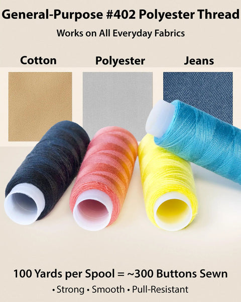 Four spools of general-purpose polyester thread in black, pink, yellow, and blue, suitable for cotton, polyester, and jeans fabrics.
